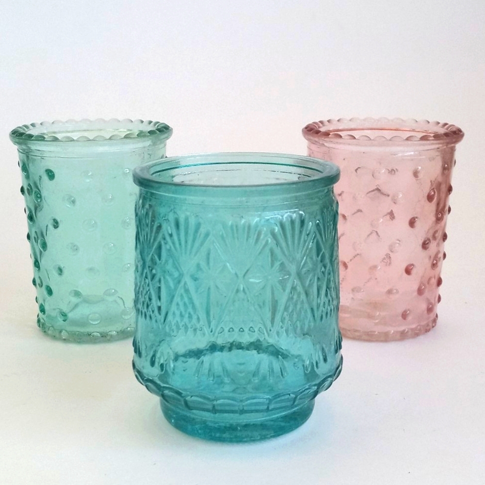 Vintage Shabby Chic Pink Sea Green and Aqua Blue Candle Glass Votives Set of 3
